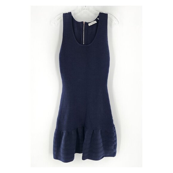 SANDRO Scoop Neck Ribbed Mini Dress in Navy Blue Stretch Cotton - Picture 7 of 11